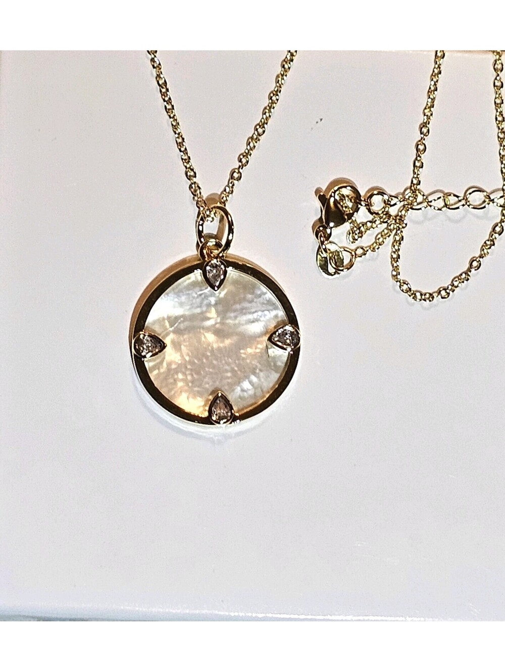 14k Gold-plated Mother of Pearl Pendant Adjustable 17" Necklace MOP CZ NWOT - Picture 4 of 5
